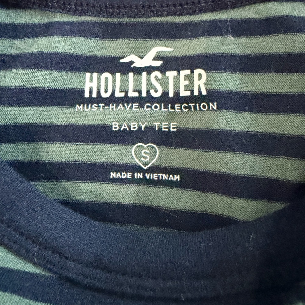 Hollister Navy and Green Striped Tee